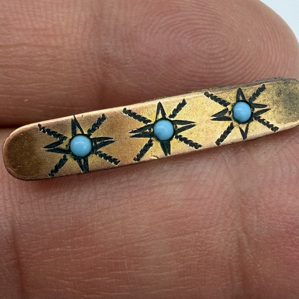 Antique Victorian Gold Filled Brooch Pin Etched Turquoise Blue Stones Read
